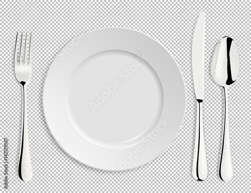 Realistic empty vector plate with spoon, knife and fork isolated. Design template in EPS10.