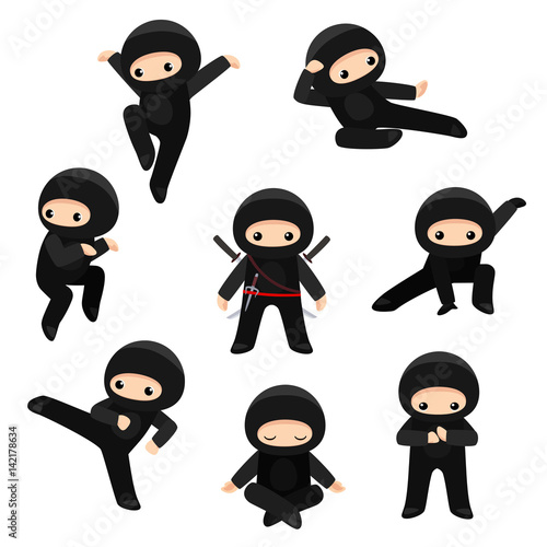 Set of cute ninjas in various poses isolated on white background