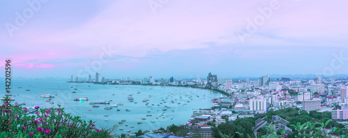 panorama,The building and skyscrapers in twilight time in Pattaya,Thailand. Pattaya city is famous about sea sport and night life entertainment.