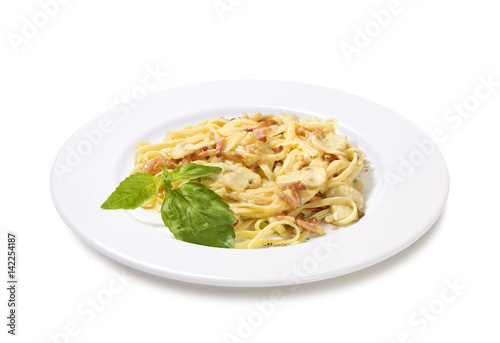pasta with ham and mushrooms Isolated on white background