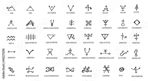 A set of alchemical symbols isolated on white. Hand drawn elements for design. Mystical, esoteric, occult theme.