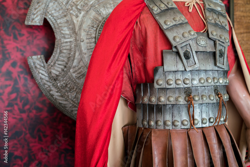 Portrait of a legionary soldier - panoply close up.