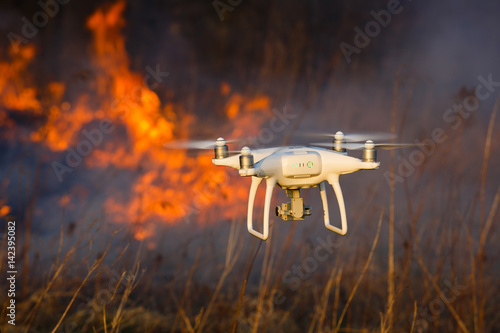 Flying drone in a fire