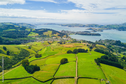 Aerial Dunedin Town and Otago Bay, New Zealand