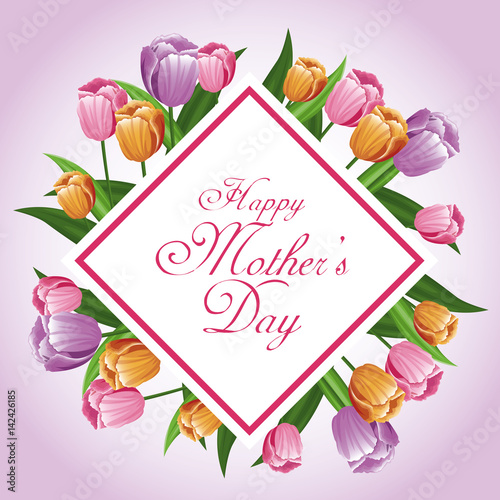 happy mothers day card tulips leaves decoration vector illustration eps 10