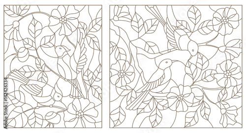 Set contour illustrations of stained glass with birds