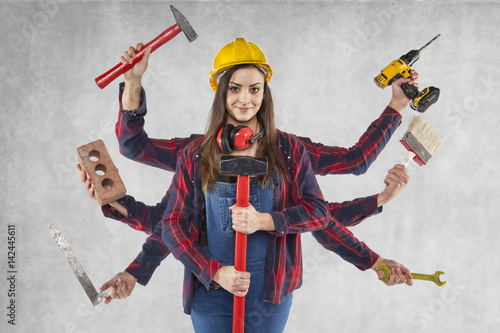 multitasking female worker, many hands 