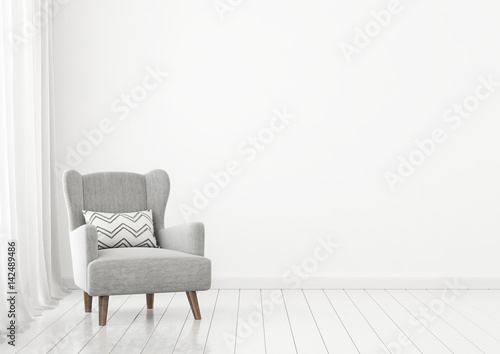 Simple livingroom interior wall mock up with grey armchair near window on clear white background. 3D rendring.