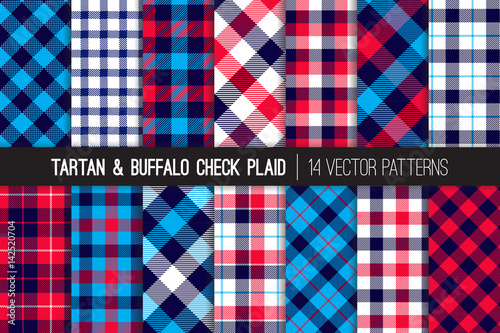 Patriotic Red, White, Blue Tartan and Buffalo Check Plaid Vector Patterns. Hipster Lumberjack Flannel Shirt Fabric Textures. July 4th Independence Day Backgrounds. Pattern Tile Swatches Included