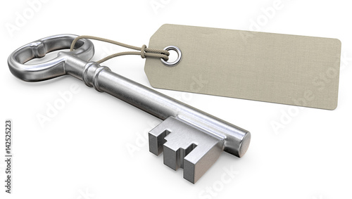 Key with tag. Old worn Key and Blank Tag label for Copy Space. 3D render.