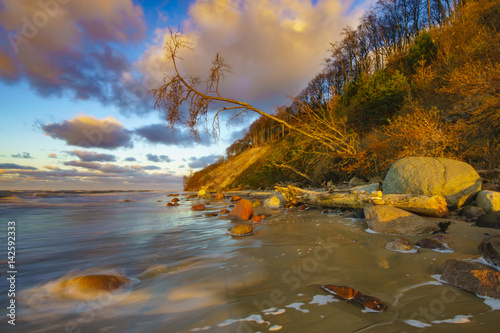Sunset over the beach and cliffs in Wolinski National Park, Baltic, Poland