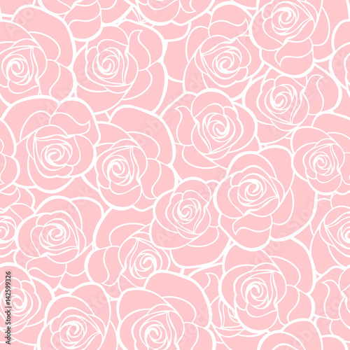 Vector seamless pattern with white roses contours on pink.