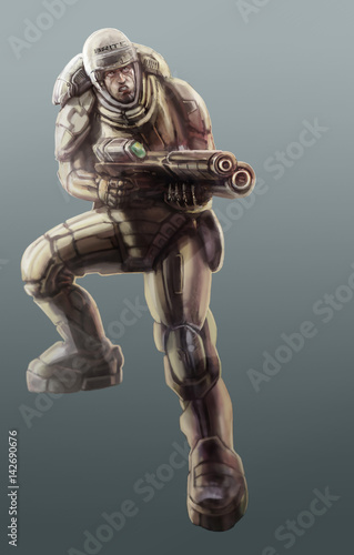 Commando in armor suit with a large rifle fighting. Science fiction illustration. Special forces. Original character the soldier of the future. Freehand digital drawing.
