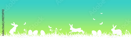 Easter banner with white easter eggs, butterflies, flowers and grass on green and blue gradient background