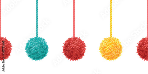 Vector Colorful Decorative Pompoms With Ropes Horizontal Seamless Repeat Border Pattern. Great for handmade cards, invitations, wallpaper, packaging, nursery designs.
