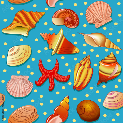 illustration seamless background with shells and starfish
