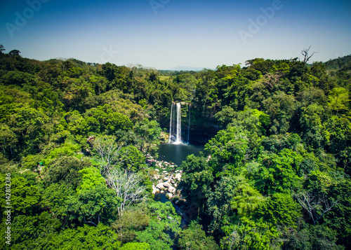 Waterfall in the tropic forrest in sunny day, Chiapas, Mexico