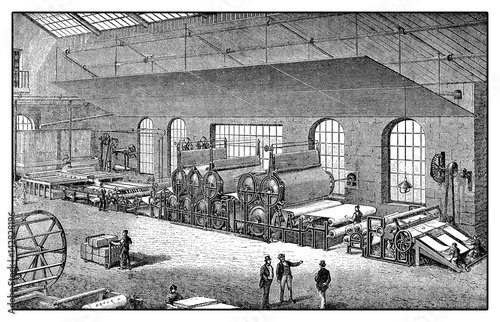 Cylinder type papermaking machine for paper production, XIX century engraving