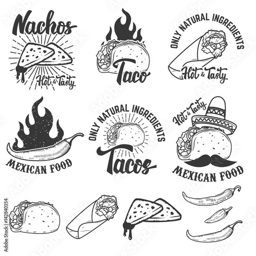 Mexican food. Nachos, burrito, taco illustrations. Design elements for logo, emblem, label, sign. Vector illustration.