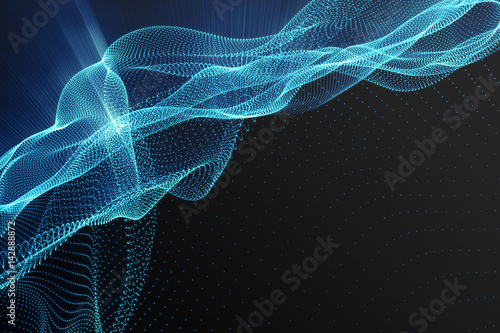 Landscape background. Cyberspace landscape grid. 3d technology. Abstract landscape on black background with light rays. 3d rendering