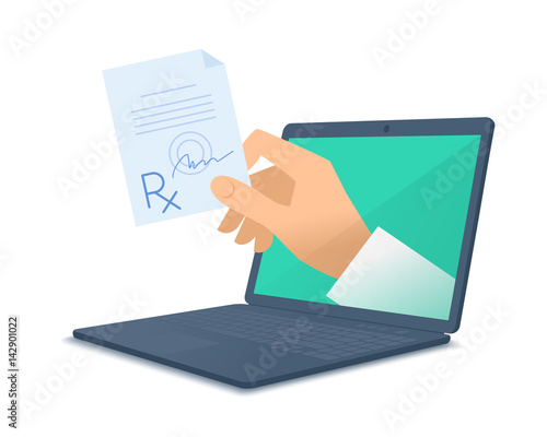 Computer, doctor's hand holding rx. Medic through the laptop screen giving the prescription to patient. Tele, online, remote medicine concept. Vector flat isolated illustration on white background.