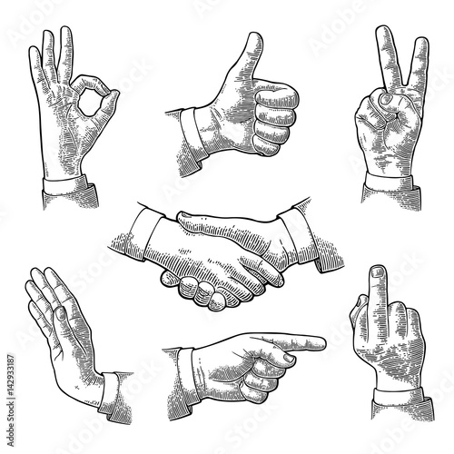 Male Hand sign. Like, Handshake, Ok, Stop, Middle finger, Victory