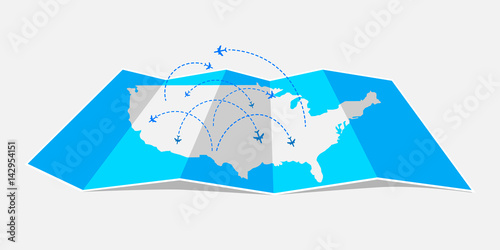 Folded map United States of America with airplanes. Vector illustration.