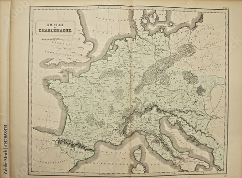 Empire of Charlemagne. Ancient map of the world . Published by George Philip and son at London 1857 and are not subject to copyright.