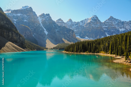 Rocky Mountains reflecting in Lake Moraine, Alberta, Canada. Icefields Parkway, Banff National Park.