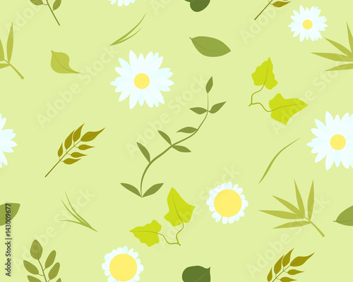 Seamless pattern with green summer leaves and chamomile