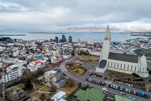 Aerial view of famous Hallgrimskirkja Cathedral and the city of Reykjavik in Iceland