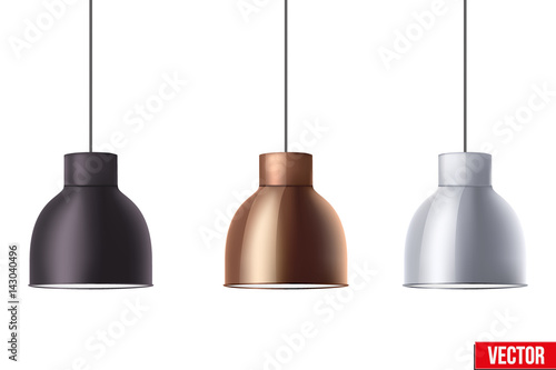 Vintage Metallic stylish hang ceiling cone lamp set. Original Retro design. Black, brass, and chrome color. Vector illustration Isolated on white background.