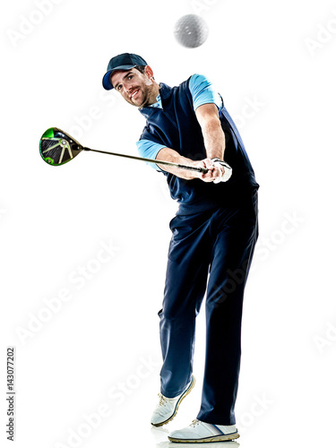 jeden golfista kaukaski mężczyzna gra w golfa w studio na białym tle