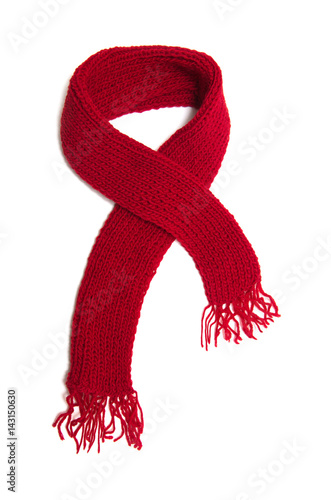 Red knitted scarf on a white background.