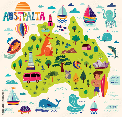 Illustration with Australian symbols. Map of Australia