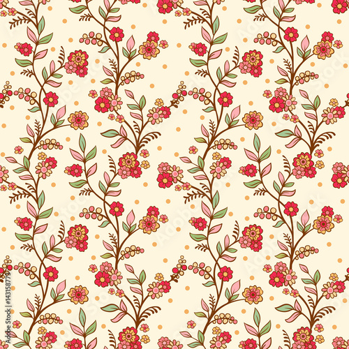 Vector seamless pattern with beautiful flowers on a beige background. Flower background.