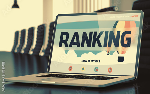 Ranking - Landing Page with Inscription on Mobile Computer Display on Background of Comfortable Conference Room in Modern Office. Closeup View. Blurred. Toned Image. 3D Render.