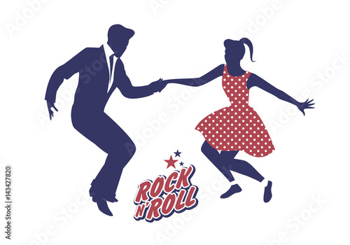 Young couple wearing 50's clothes dancing rock and roll. Vector Illustration