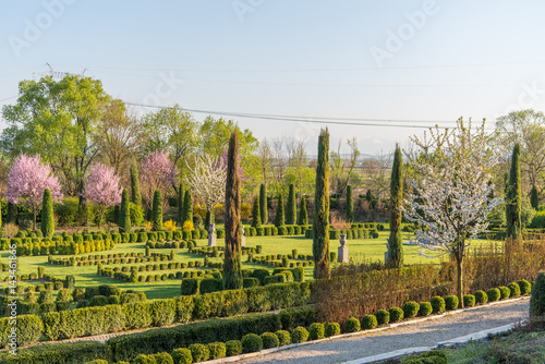 Beautiful ornamental garden with blooming trees and lawn