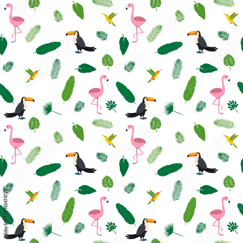 Tropical seamless pattern with pink flamingos, hummingbirds, toucans and green palm leaves