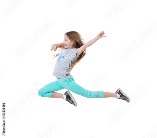 long-haired active girl dancing, isolated