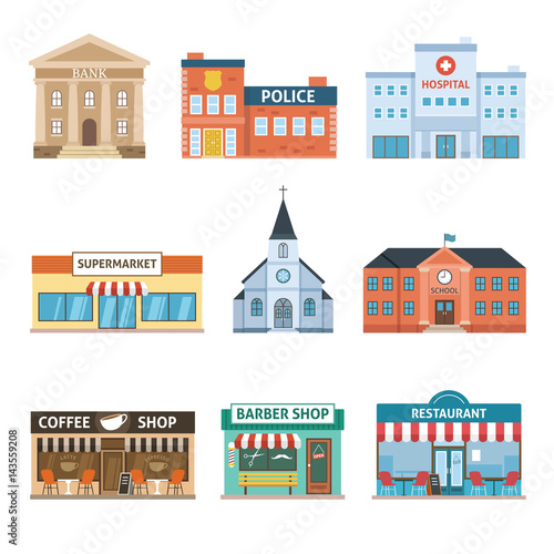 Set of buildings. Bank, hospital, police, supermarket, church, school, coffee shop, barber shop and restaurant