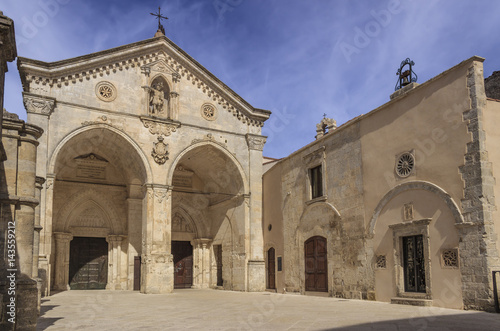 View of main facade of Saint Michael Archangel Sanctuary at Monte Sant'Angelo on Italy. Monte Sant'Angelo is a town on the slopes of Gargano promontory (Apulia).