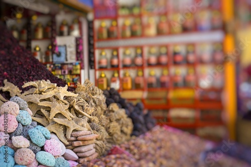 Traditional spices market with herbs and spices in Aswan, Egypt.
