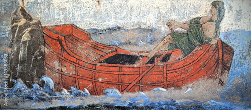 Faded image of oarsman rowing on a rowboat. Kas-Lycia-Turkey. 1768