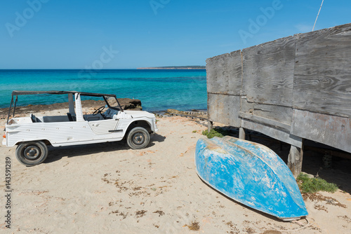 Vintage car & blue boat, Formentera