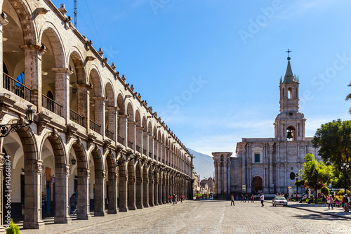 Long arcade with catholic cathedral, Central square of Arequipa, Peru