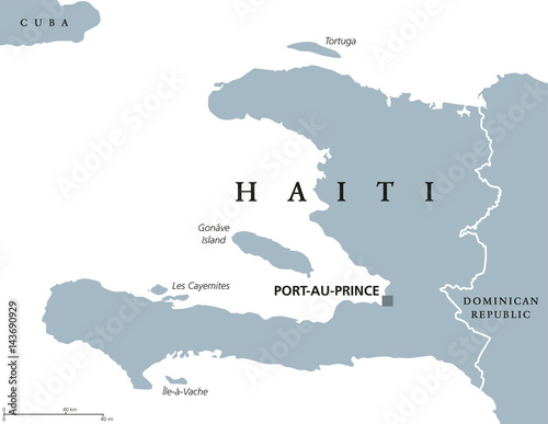 Haiti political map with capital Port-au-Prince. Caribbean republic and country on the Hispaniola island in the Greater Antilles archipelago. Gray illustration over white. English labeling. Vector.