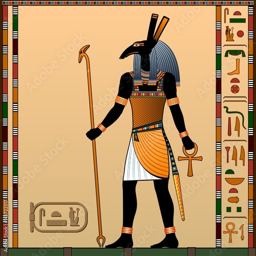 Religion of Ancient Egypt. Seth is the god of war, the sandstorms, the guardian of the god Ra. Ancient Egyptian god Seth in the guise of a man with a zoomorphic head. Vector illustration. 