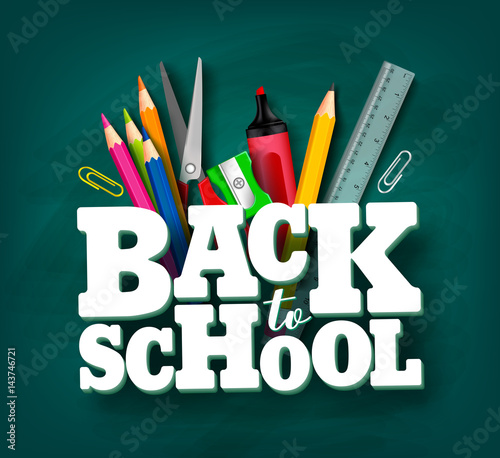 Back to school vector design with 3d title and school items and elements in green chalkboard background. Vector illustration. 